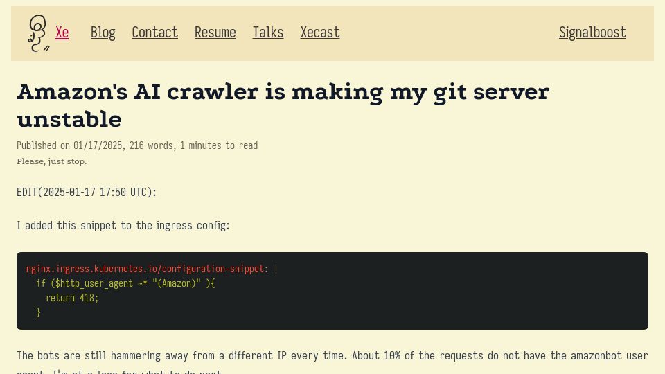 Screenshot of xeiaso.net: Amazon's AI crawler is making my Git server unstable