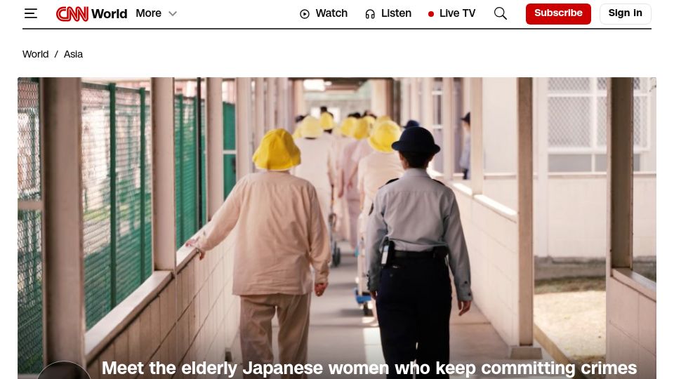 Screenshot of cnn.com: Japan's elderly are lonely and struggling. Some women choose to go to jail
