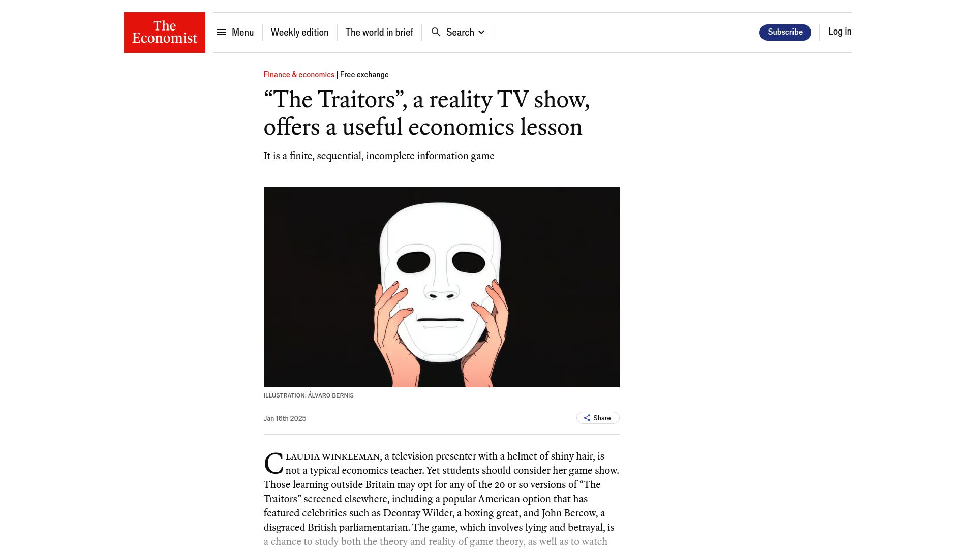 Screenshot of economist.com: “The Traitors”, a reality TV show, offers a useful economics lesson
