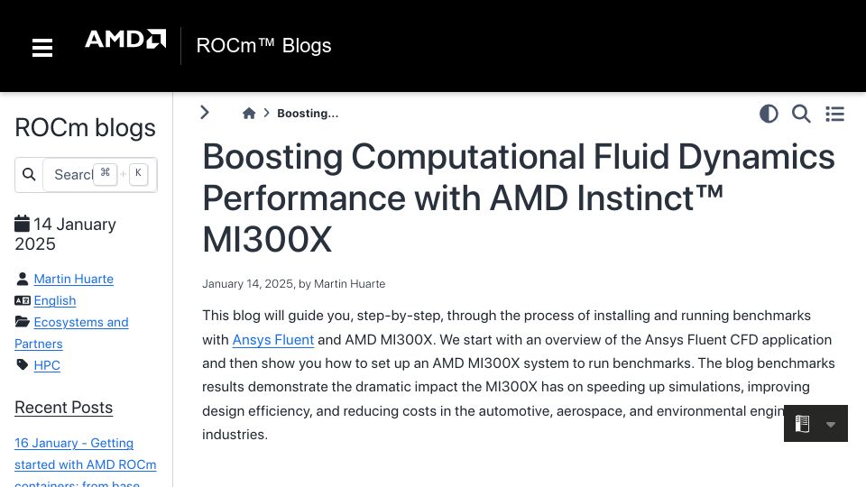 Screenshot of rocm.blogs.amd.com: Boosting Computational Fluid Dynamics Performance with AMD MI300X
