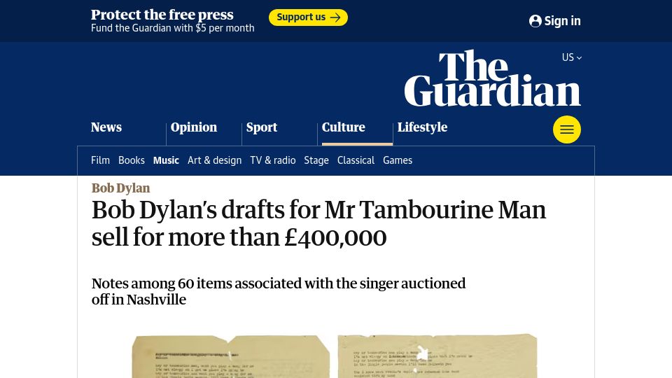 Screenshot of theguardian.com: Bob Dylan's drafts for Mr Tambourine Man sell for more than £400k