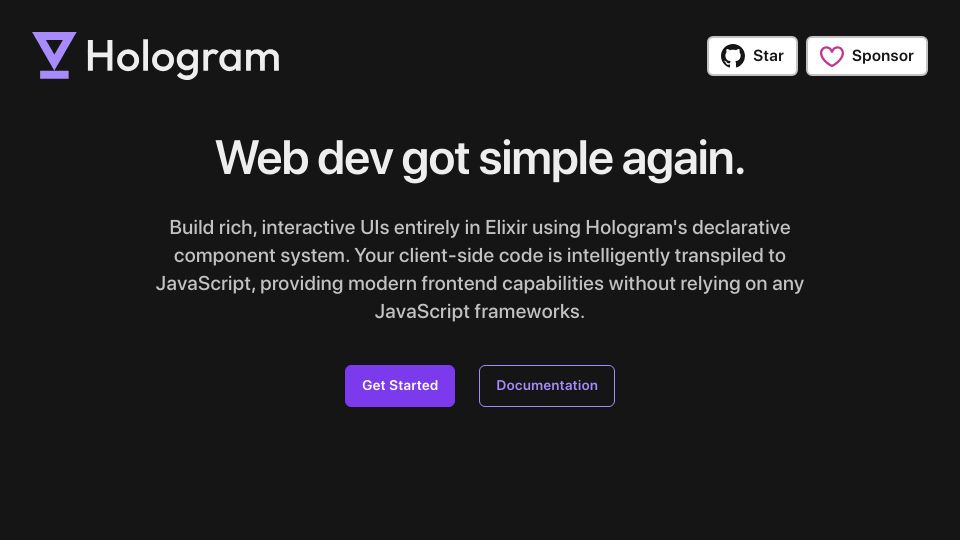 Screenshot of hologram.page: Hologram: A full-stack isomorphic Elixir web framework