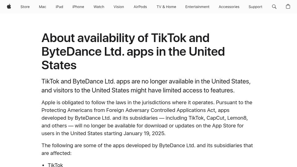 Screenshot of support.apple.com: Apple removed all ByteDance apps from the [US] App Store