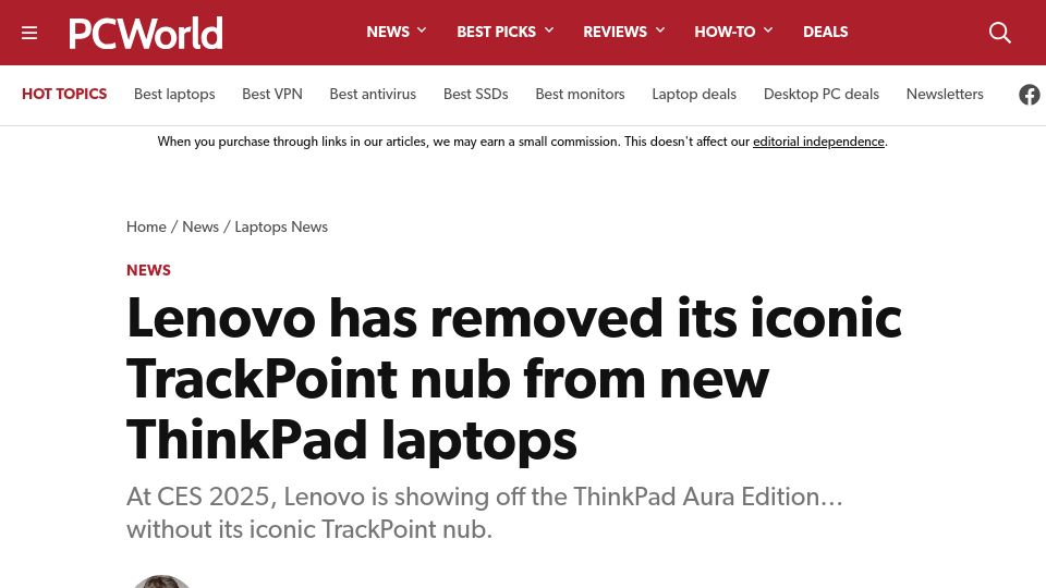 Screenshot of pcworld.com: Lenovo has removed the TrackPoint nub from new ThinkPad laptops
