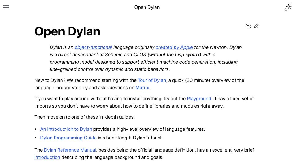 Screenshot of opendylan.org: Open Dylan
