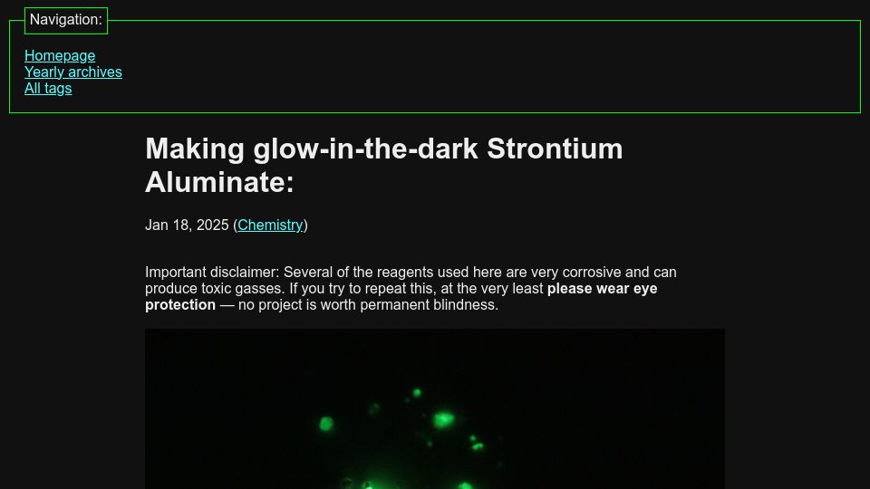Screenshot of maurycyz.com: Making glow-in-the-dark Strontium Aluminate