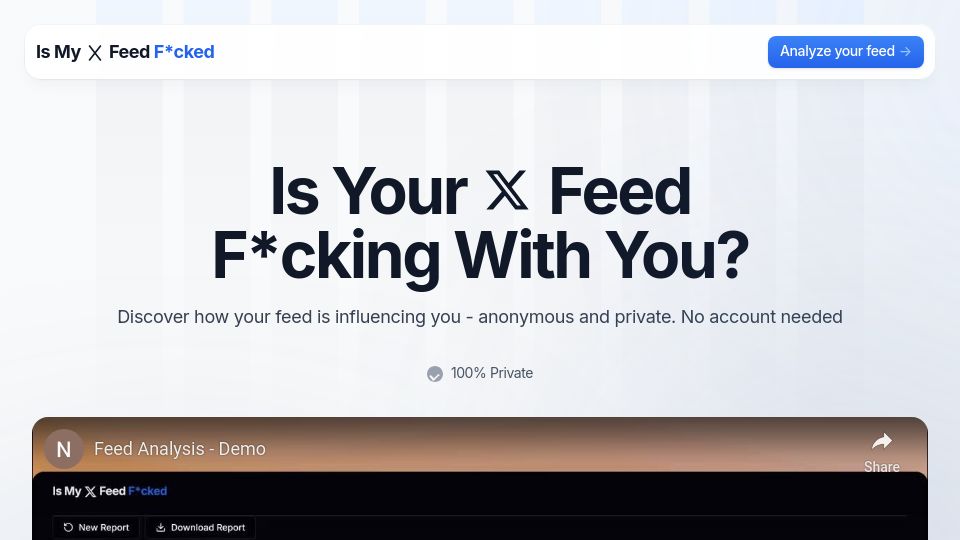 Screenshot of ismyxfeedfucked.com: IsMyXFeedFucked – Analyze How Your X Feed's Impacting You
