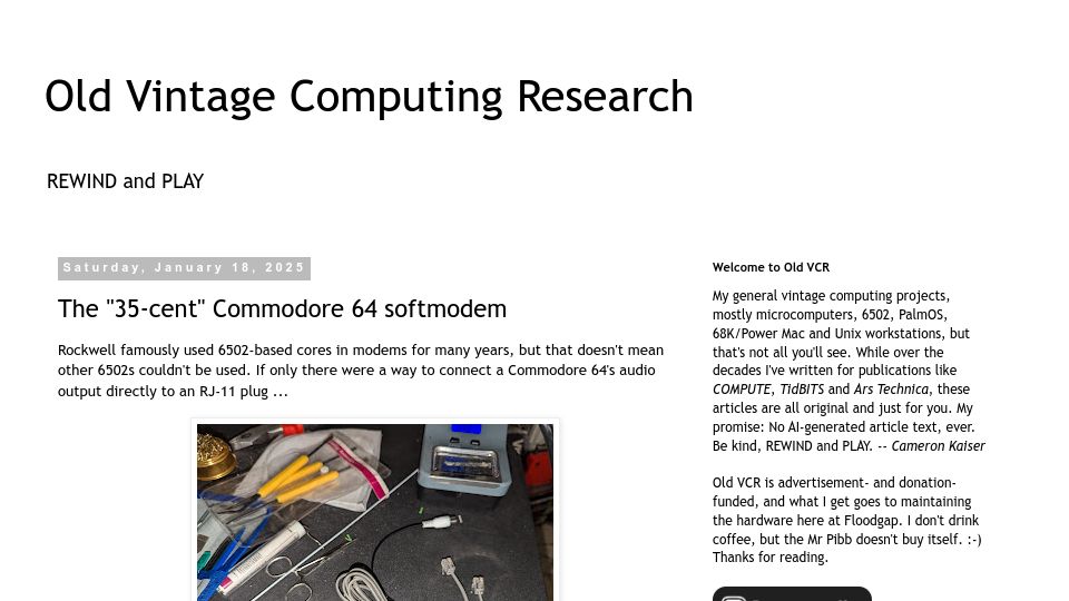 Screenshot of oldvcr.blogspot.com: The "35-cent" Commodore 64 softmodem