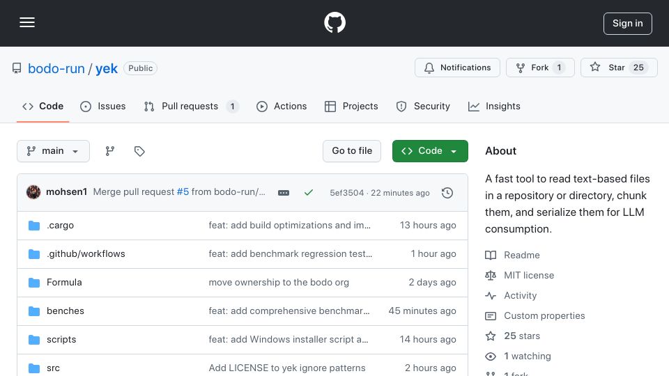 Screenshot of github.com: Yek: Serialize your code repo (or part of it) to feed into any LLM