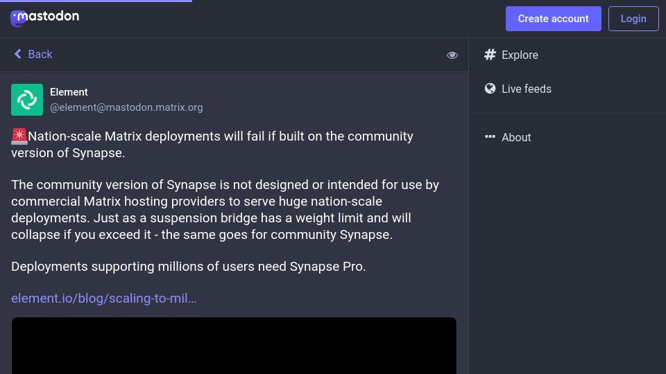 Screenshot of mastodon.matrix.org: Nation-scale Matrix deployments will fail using the community version of Synapse