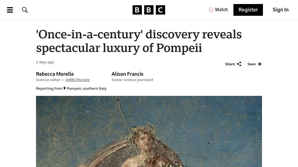 Screenshot of bbc.com: 'Once-in-a-century' discovery reveals luxury of Pompeii