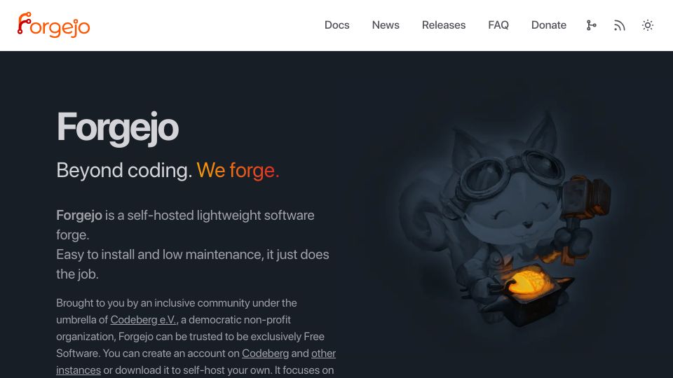 Screenshot of forgejo.org: Forgejo: A self-hosted lightweight software forge