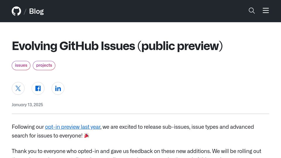 Screenshot of github.blog: GitHub introduces sub-issues, issue types and advanced search