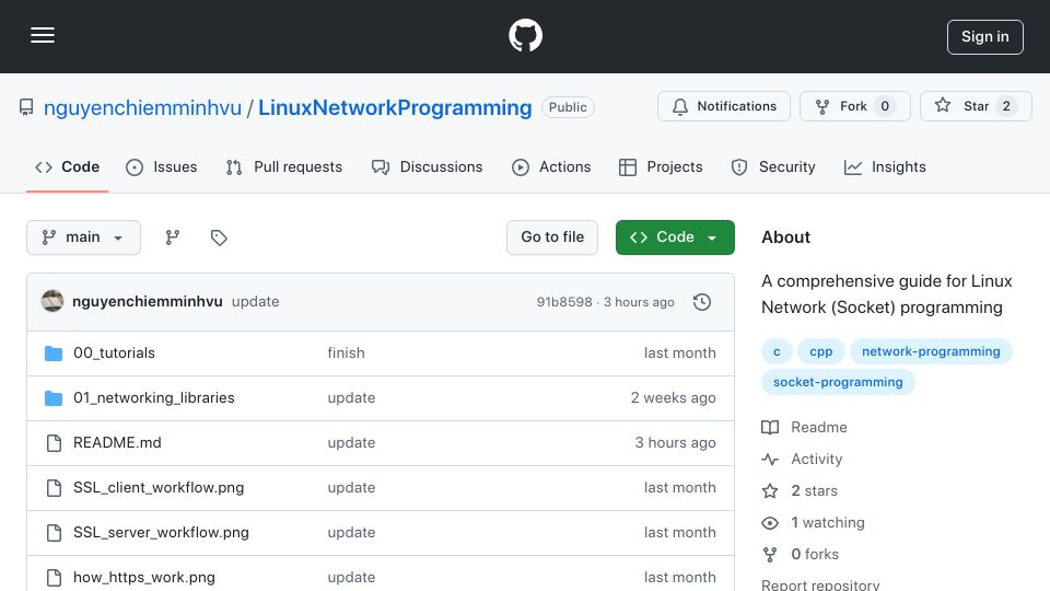 Screenshot of github.com: About A comprehensive guide for Linux Network (Socket) programming