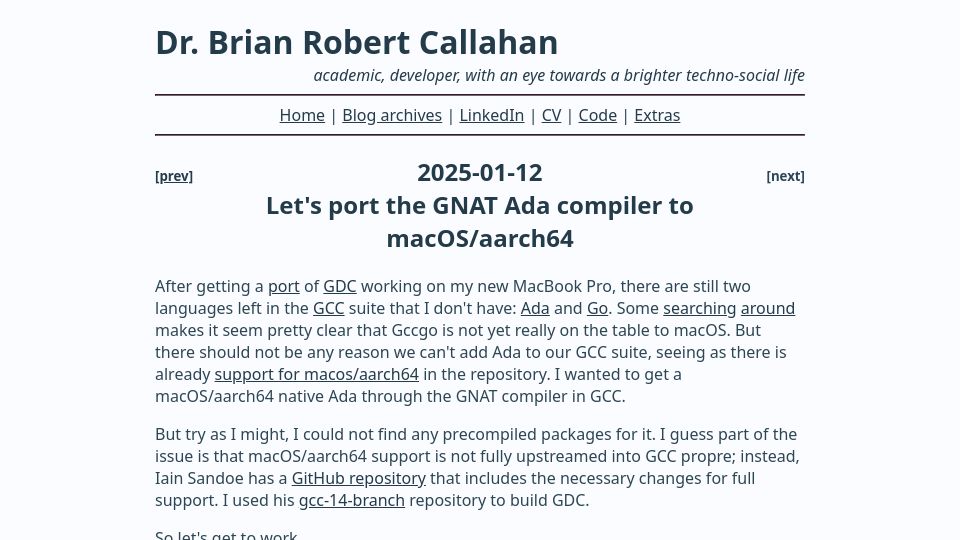 Screenshot of briancallahan.net: Porting the GNAT Ada compiler to macOS/aarch64