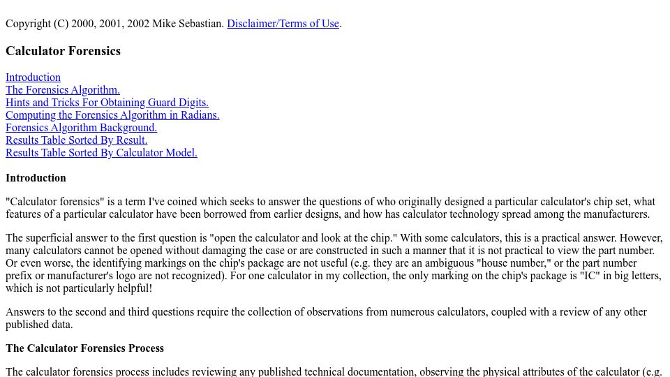 Screenshot of rskey.org: Calculator Forensics (2002)