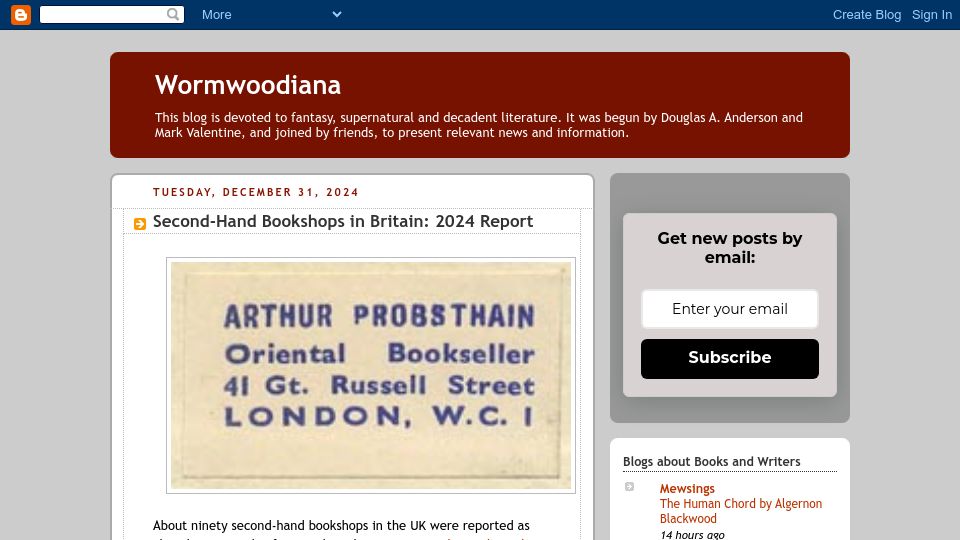 Screenshot of wormwoodiana.blogspot.com: Second-Hand Bookshops in Britain: 2024 Report
