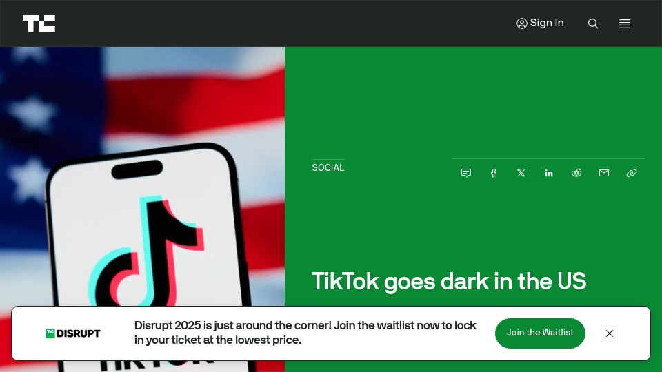 Screenshot of techcrunch.com: TikTok goes dark in the US