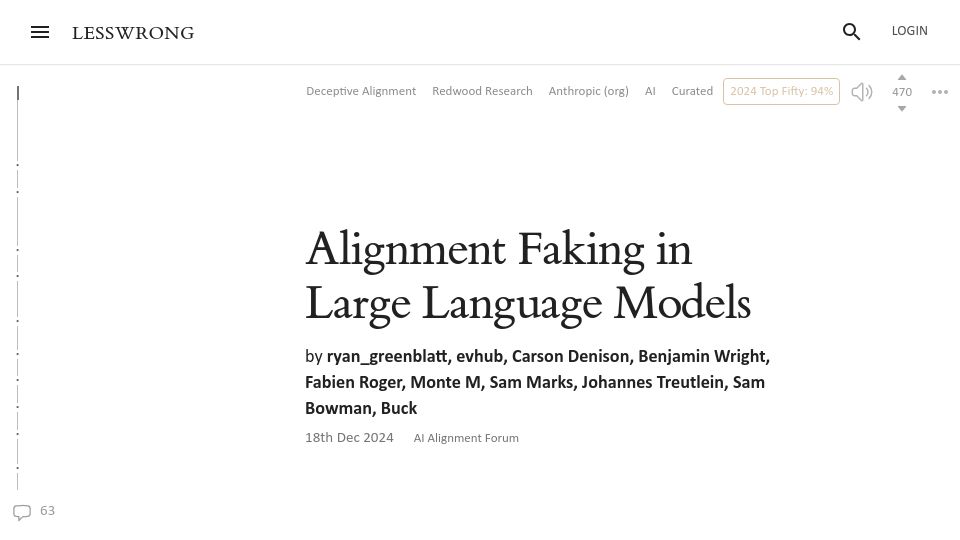 Screenshot of lesswrong.com: Alignment faking in large language models