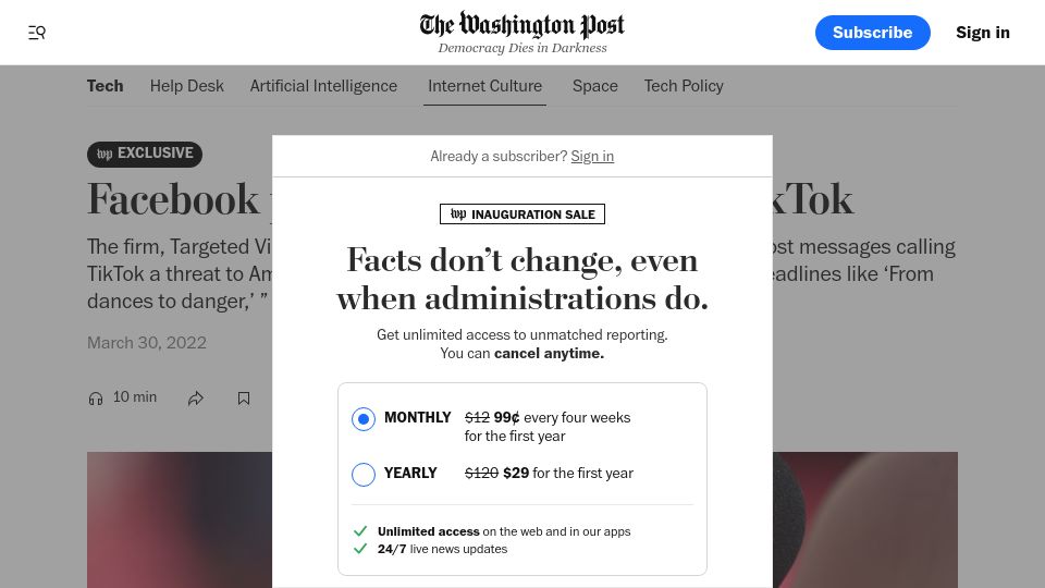 Screenshot of washingtonpost.com: Facebook paid GOP firm to malign TikTok