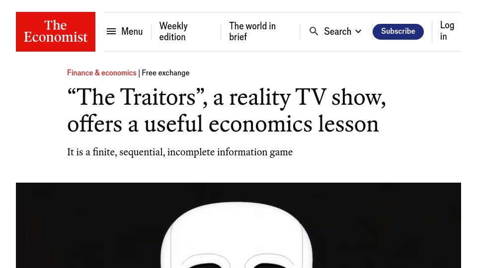 Screenshot of economist.com: “The Traitors”, a reality TV show, offers a useful economics lesson