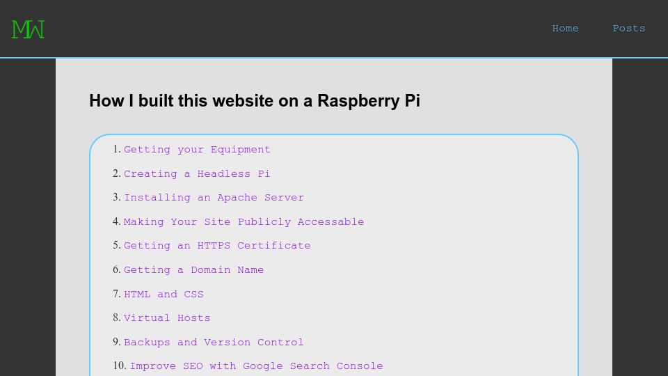 Screenshot of mirawelner.com: How I built this website on a Raspberry Pi