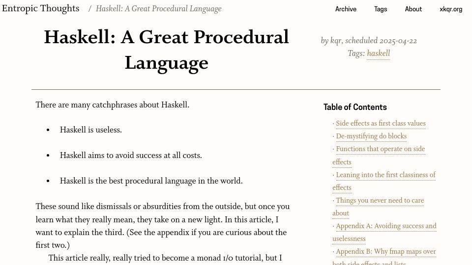 Screenshot of entropicthoughts.com: Haskell: A Great Procedural Language