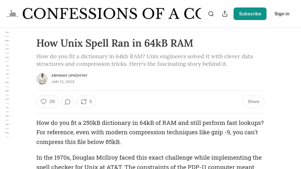 Screenshot of blog.codingconfessions.com: How Unix spell ran in 64kb RAM
