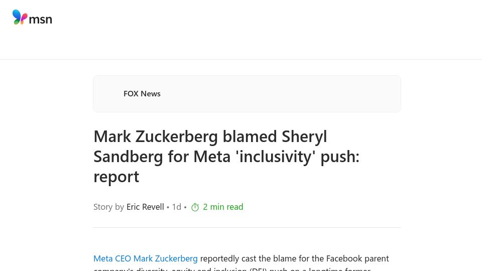 Screenshot of msn.com: Mark Zuckerberg blamed Sheryl Sandberg for Meta 'inclusivity' push: report