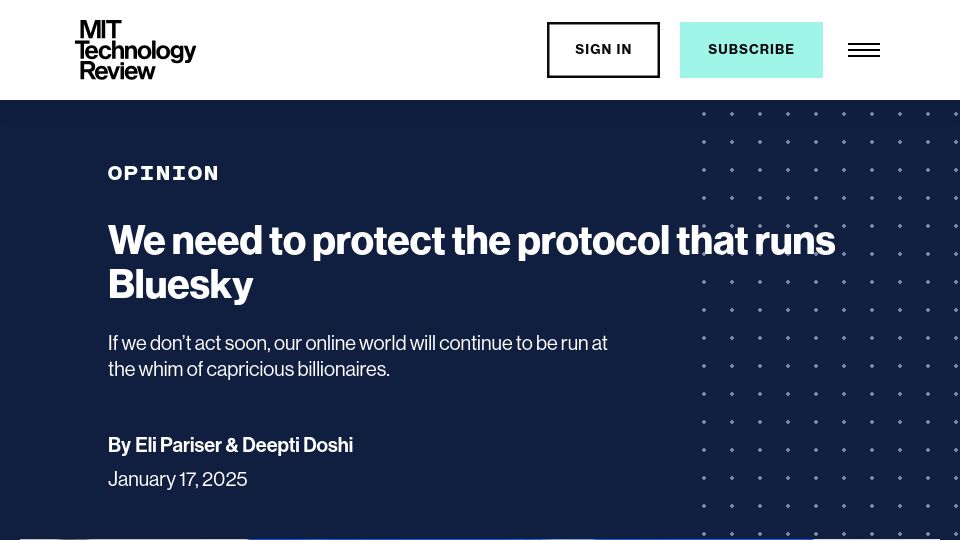 Screenshot of technologyreview.com: We need to protect the protocol that runs Bluesky