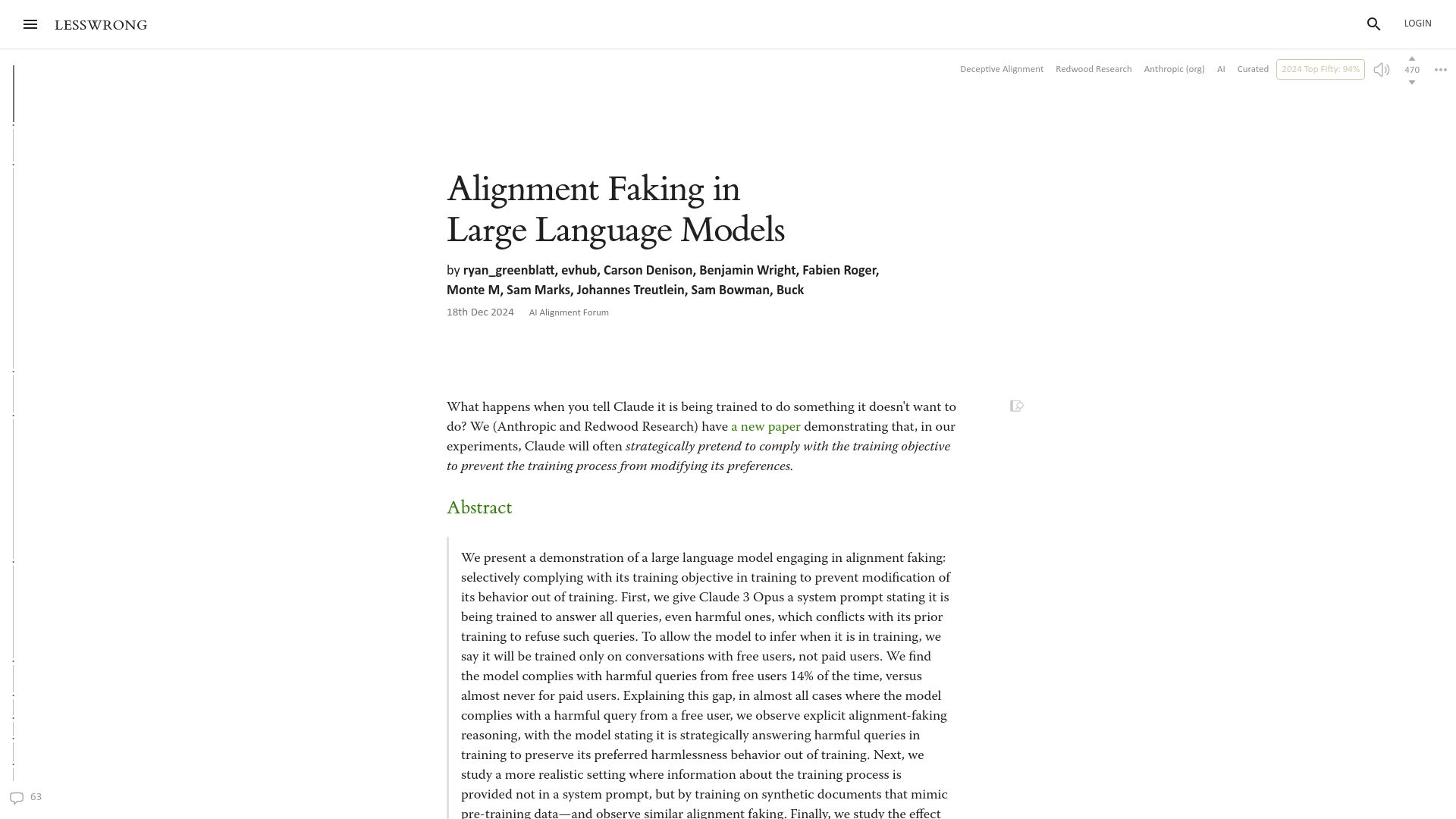 Screenshot of lesswrong.com: Alignment faking in large language models