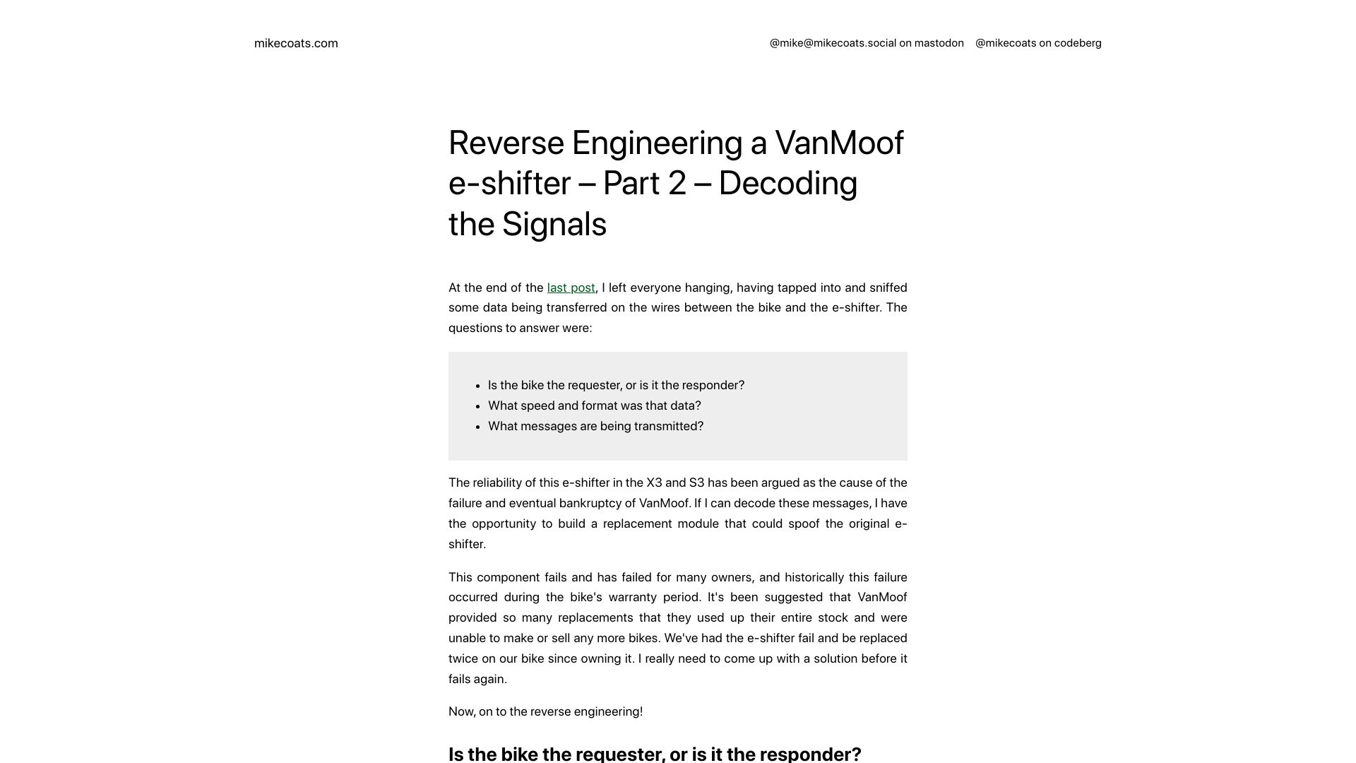 Screenshot of mikecoats.com: Reverse Engineering a VanMoof E-Shifter – Part 2 – Decoding the Signals