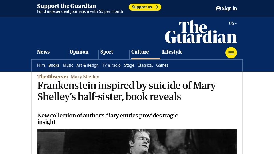 Screenshot of theguardian.com: Frankenstein inspired by suicide of Mary Shelley's half-sister, book reveals