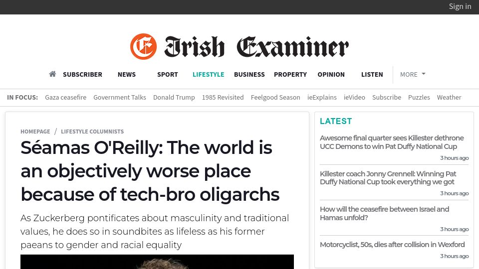 Screenshot of irishexaminer.com: The world is an objectively worse place because of tech-bro oligarchs