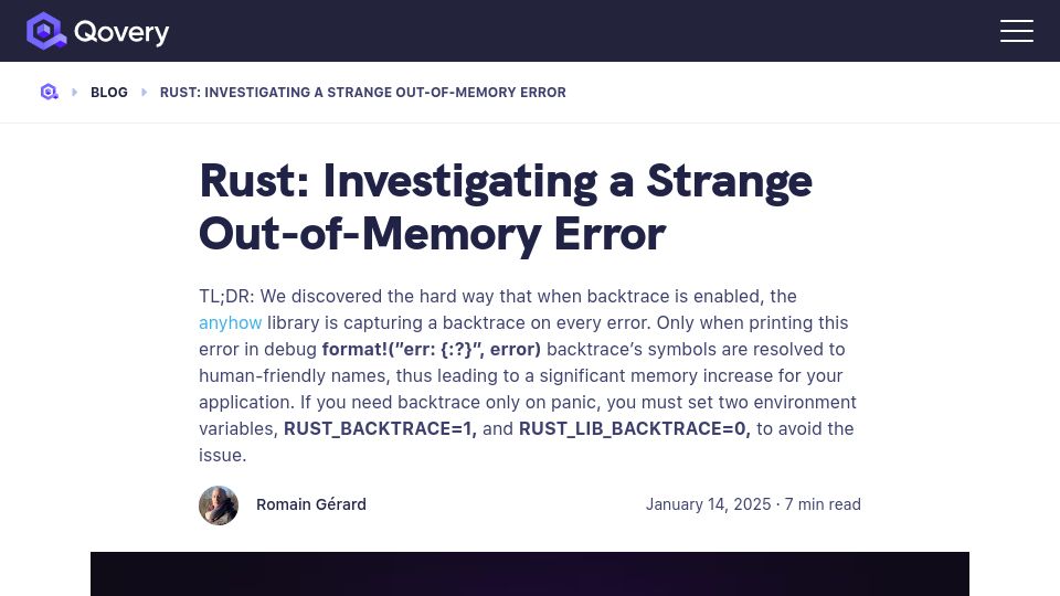 Screenshot of qovery.com: Rust: Investigating an Out of Memory Error