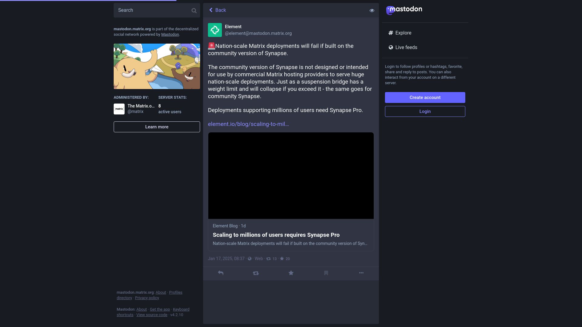 Screenshot of mastodon.matrix.org: Nation-scale Matrix deployments will fail using the community version of Synapse
