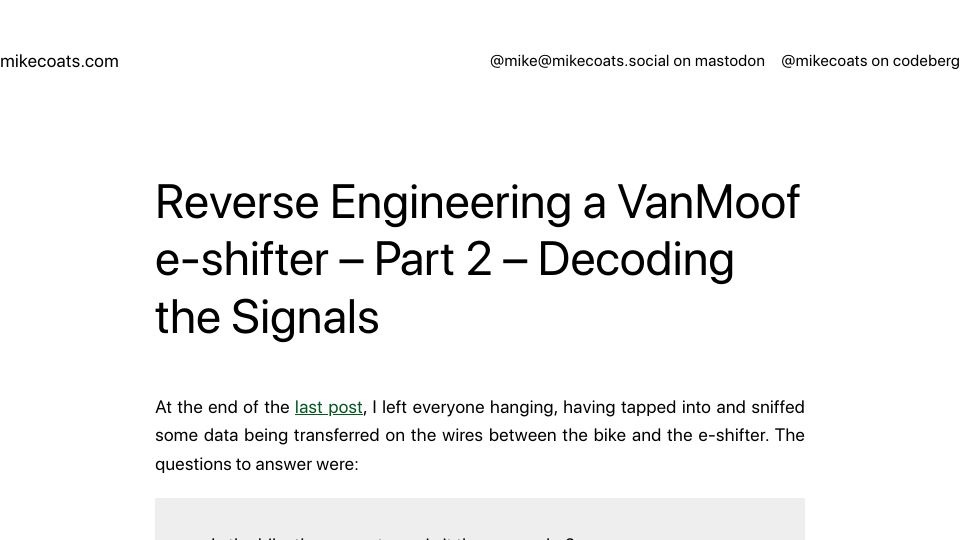 Screenshot of mikecoats.com: Reverse Engineering a VanMoof E-Shifter – Part 2 – Decoding the Signals