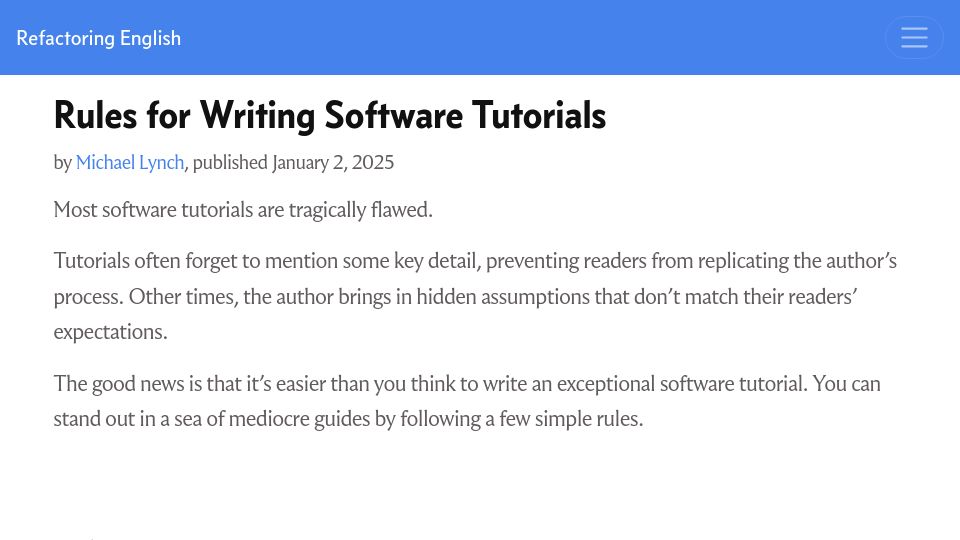 Screenshot of refactoringenglish.com: Rules for writing software tutorials