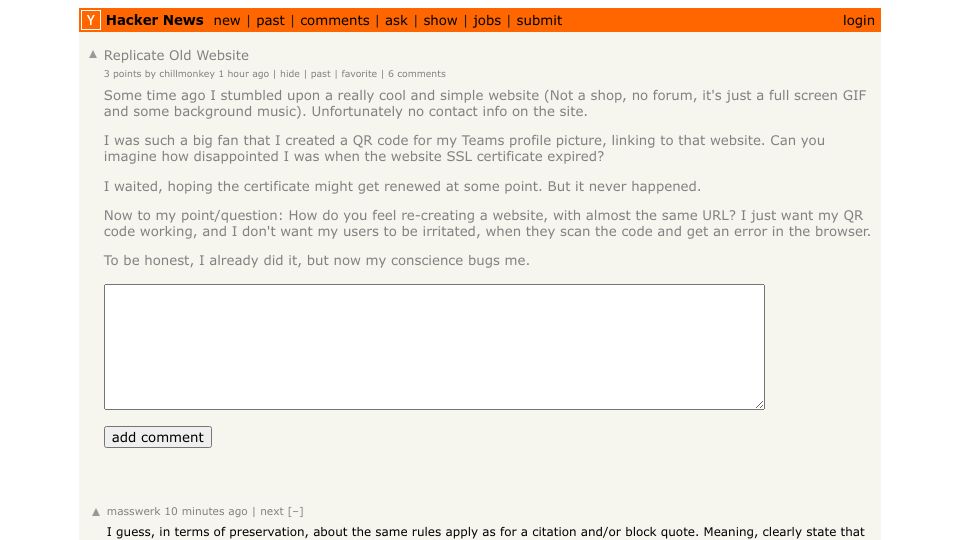 Screenshot of Hacker News post: Replicate Old Website
