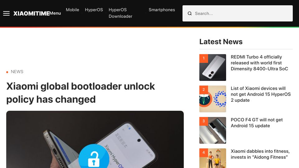 Screenshot of xiaomitime.com: Xiaomi global bootloader unlock policy has changed