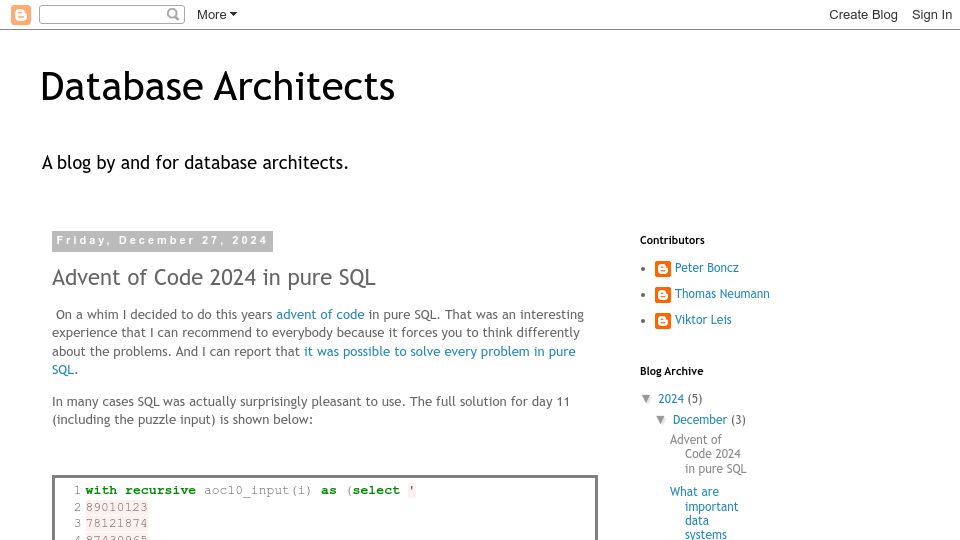 Screenshot of databasearchitects.blogspot.com: Advent of Code 2024 in pure SQL