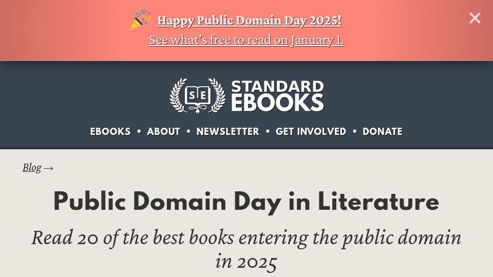 Screenshot of standardebooks.org: Standard Ebooks Public Domain Day 2025 in Literature