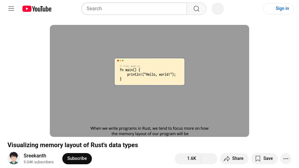 Screenshot of youtube.com: Visualizing memory layout of Rust's data types