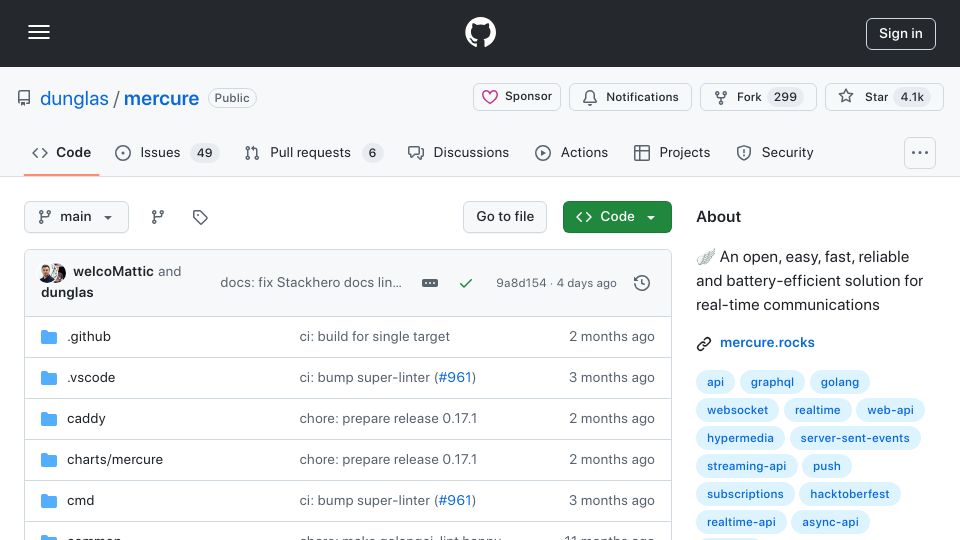 Screenshot of github.com: Mercure: A WebSocket alternative for server-sent events