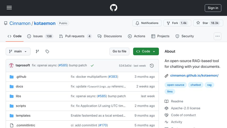 Screenshot of github.com: Kotaemon: An open-source RAG-based tool for chatting with your documents