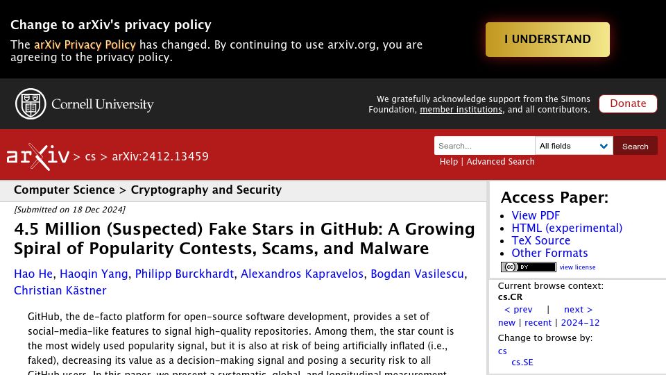 Screenshot of arxiv.org: 4.5M Suspected Fake Stars in GitHub