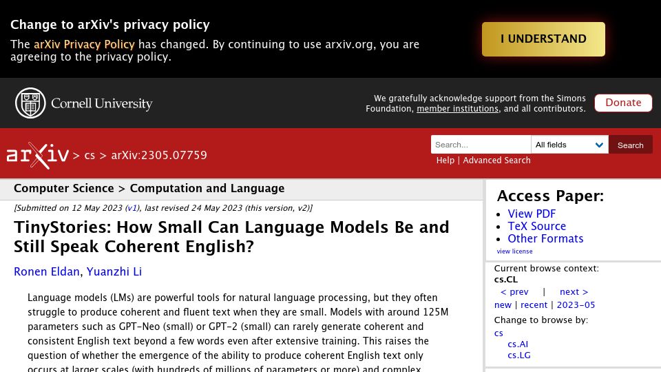 Screenshot of arxiv.org: TinyStories: How Small Can Language Models Be and Still Speak Coherent English? (2023)