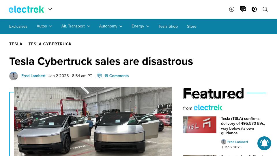 Screenshot of electrek.co: Tesla Cybertruck sales are disastrous