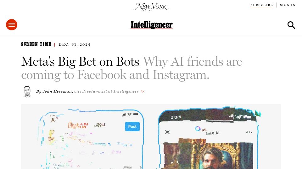 Screenshot of nymag.com: Meta Wants More AI Bots on Facebook and Instagram
