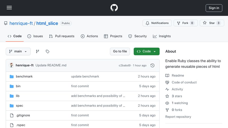 Screenshot of github.com: HTML_slice: Enable Ruby classes the ability to generate reusable pieces of HTML